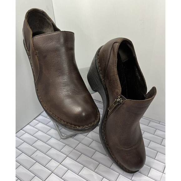 Born Clover Platform Clog Womens 9.5m Brown Leather Side Zip Minimalist Chunky - Picture 1 of 13